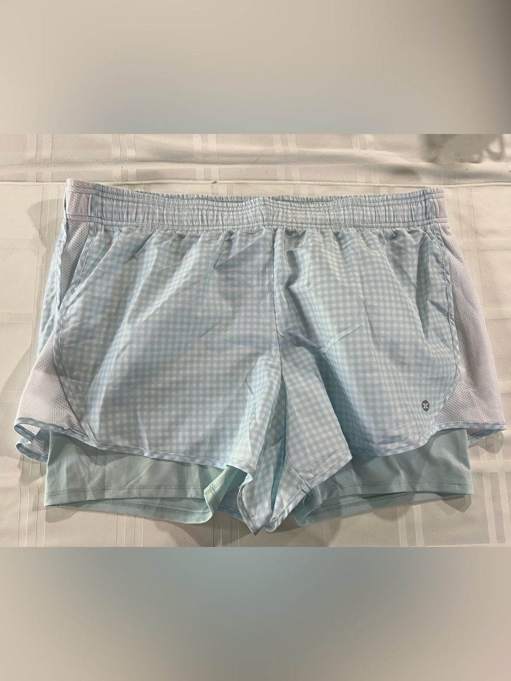 RBX Pale Blue Athletic Shorts with Gingham Waistband